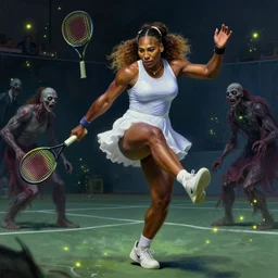 portrait of muscled Serena Williams kicking zombies on a tennis court, mystical lighting, fireflies bokey, highly detailed, digital painting, artstation, concept art, smooth, sharp focus, illustration, art by artgerm and greg rutkowski and alphonse mucha