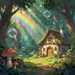 A hyper real comic book style portrait painting of an enchanted forest with toadstools and forest hut. Soap bubbles and rainbow in the air, sun beams flowing through the trees. Unreal 5, Hyperrrealistic, Octane render, Cospay, RPG portrait, dynamic lightning.