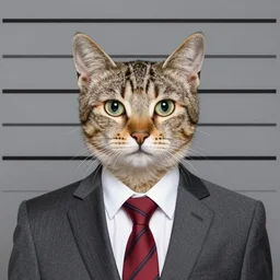cat headed human in suit, mugshot