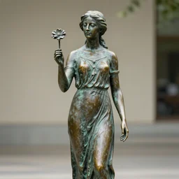 realistic bronze statue standing woman holding flower