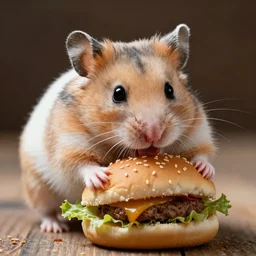 A hamster eating an hamburger