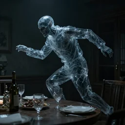 transparent demon who wears clothes, chasing me around the dinner table in slow motion, dark, gloomy, terrifying