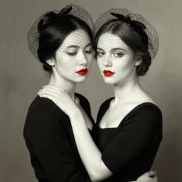 A woman embraces another woman with her arm around her neck, she is Korean, the other a European girl, both have white skin and red lips, wearing black veils, Edward Hopper and James Gilleard style