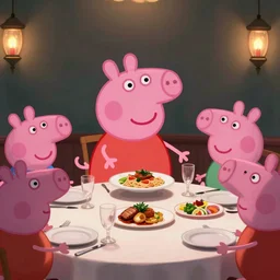 people looking how the head of peppa pig is being served as food at a dinner table