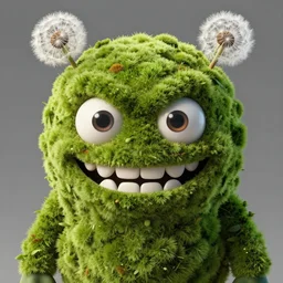 a humanoid figure dandelion moss plant monster, large eyes and menacing smile, highly detailed, digital art, sharp focus, trending on art station, anime art style