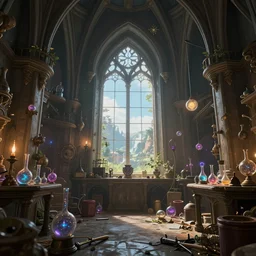 interior shot of a cluttered mage tower, magical experiments. a beautiful view out a window, created in octane render, digital art, inspired by artstation, fantasy setting