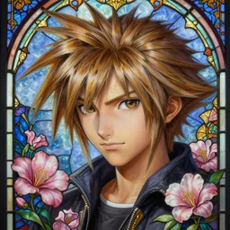 beautiful lifelike studio close - up painting of male sora!!! from kingdom hearts. beautiful stained glass and intricate patterns. stunning composition, dreamy, bloom!!! perfectly shaded detailed face, very very intricate, trending on artstation, greg rutkowski, hyper detailed, 4 k, high quality, smooth, sharp focus