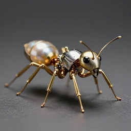 a macro shot of a ultra futuristic, impeccable detailed, holow, aerodynamic brass robot ant, part pearl, part silver, med museum, design by leonardo da vinci, cinematic light, ultra detailed, impeccable beautiful, sharp, unreal engine 8 k, octane render 8 k