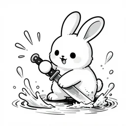a cute fluffy rabbit holding a flint knife slices through water, pop surrealism art style, rubberhose animation character style, intricate, toon render, black ink on white paper
