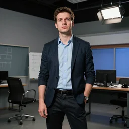 high quality portait of a self righteous male journalist in a low budget tv studio, below average height, awkward angle, wide angle,