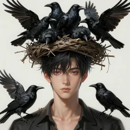 beauty boy with a crows nest on his head, cruelty, black crows, light effect, hyper detailed, intricate, elegant, highly detailed, digital painting, artstation, concept art, matte, sharp focus, illustration, by dan mumford, yusuke murata, makoto shinkai, ross tran