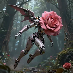 a female saints made of mecha rose is flying in the fantasy forest by merriam, daniel, intricate mechanical details, futuristic, 2 k aesthetic, dramatic lighting, concept art, 4 k, 3 d octane render, pink and red colors, provenance, detailed, trending on artstation