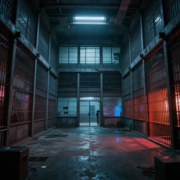 A cyberpunk jail, by Naomi Okubo, landscape, dramatic lighting, high contrast colors, panoramic view, as trending on Artstation, highly detailed,