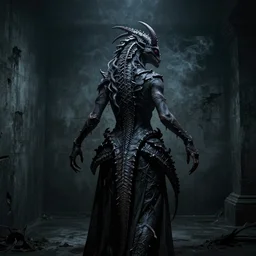 a human being possessed by a reptilian daemon controlling her from behind, dark concrete room, spooky lighting, dark, creepy, trending on artstation, intricate detail, smokey
