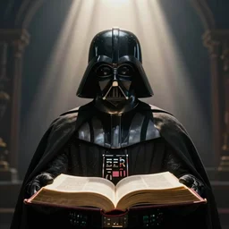 darth vader reading the bible, cinematic lighting, light rays, divine, miraculous, spiritual, beautiful, calm, dust particle, peaceful
