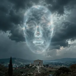 eerie, greek fantasy landscape, a giant translucent shining ghost face in the stormy clouds, stanley kubrick movie frame