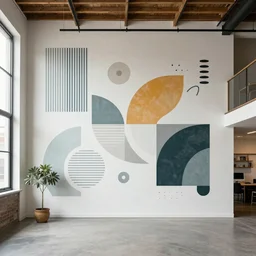 trendy loft with modern murals on the wall, modern art and patterns, interior design, lovely architecture