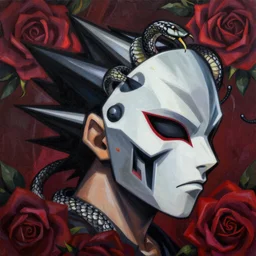Raiden from MGS4 profile picture by Sachin Teng, asymmetrical, Organic Painting , Mask off, Violent, Dark, Roses Background, Snake, Powerful, geometric shapes, hard edges, energetic, graffiti, street art:2 by Sachin Teng:4