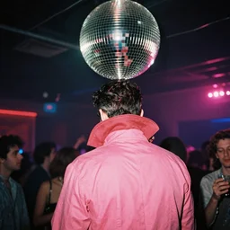 kodak ultramax 4 0 0 photograph of a doctor strange in disco club, back view, pink shirt, disco ball, grain, faded effect, vintage aesthetic, vaporwave colors,