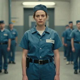 A movie still of Lea Seydoux as a prison guard in a french prison in a Wes Anderson Movie, Wes Anderson directing