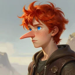 an epic fantasy comic book style portrait painting of tall, thin, 1 5 - year - old boy with a long nose, a lot of freckles, fiery red hair, and bright blue eyes, unreal 5, daz, hyperrealistic, octane render, cosplay, rpg portrait, dynamic lighting