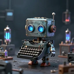 tiny chibi cute robot made of scrap typewriter parts and glowing vacuumtube and nixie in a dark smoky lab in future