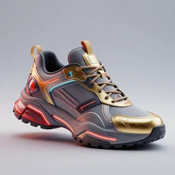 realistic 3 d render of a cyberpunk android sneaker, beautiful studio lighting, soft, sharp focus, neon cyberpunk highlights, intricate detail, gold and red metal, soft rubber, textured plastic, octane render, side view, close up, trending on artstation, deviantart, bauhaus