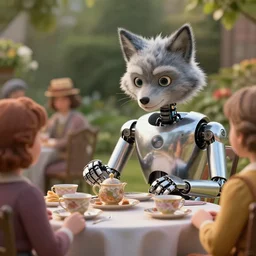 film still from the movie chappie of the robot chappie shiny metal outdoor park plants garden scene bokeh depth of field several figures sitting down at a table having a delicious grand victorian tea party furry anthro anthropomorphic stylized cat ears wolf muzzle head android service droid robot machine fursona