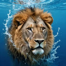 a male lion's face breaching through a wall of water, headshot, water sprites, splashing, air bubbles, headshot, deep blue ocean, highly detailed, realistic digital art, trending on artstation