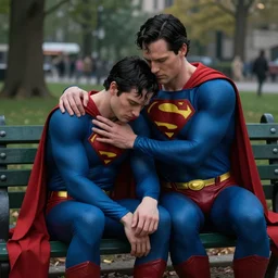 a highly detailed matte painting of superman comforting a depressed keanu reeves on a park bench, art by artgerm and greg rutkowski and alphonse mucha, volumetric lighting, octane render, 4 k resolution, trending on artstation, masterpiece