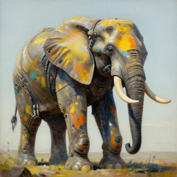 an intricate oil painting of a giant south african armored elephant shaped scrap metal mecha by simon stalenhag, yellow, orange and cyan paint decals