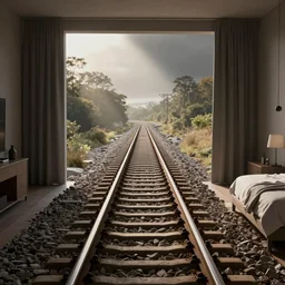 railway tracks going through a bedroom, digital art