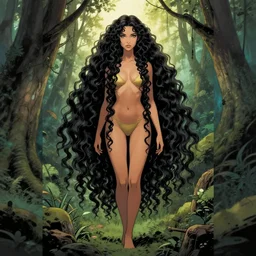 artgerm, joshua middleton comic cover art, full body pretty female elven wood elf, symmetrical eyes, symmetrical face, long curly black hair, beautiful forest, rim lighting