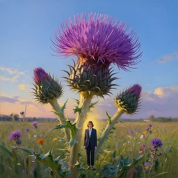 massive thistle flower head, a girl in suit in field of flowers, surreal photography, sunrise, blue sky, dramatic light, impressionist painting, digital painting, artstation, simon stalenhag