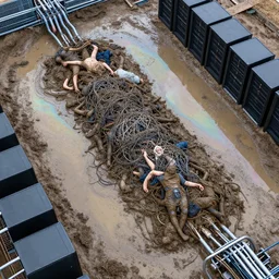 an aerial view of a mass grave in slimy mud with tangled bodies, datacenter computers and pipes in an iridescent oil slick