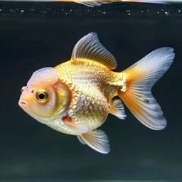 ornate steampunk goldfish, gold and white etching, underwater, caustics