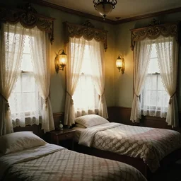 7 0 s motel room, whimsical, lace curtains, cinematic scene, backlit, ornate accents, retro light sconces next to windows, hyperrealistic, hypermaximalist, light pouring in through windows, detailed, atmospheric, 8 k, octane render, unreal engine 5, designed by gucci, inspired by hayao miyazaki, photographed by arivetere