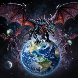 evil cosmic demon alien dragon demigods flying through outer space consuming earth, dan seagrave art