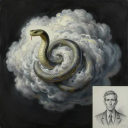 a swirling cloud of snake medicine. Painting by René Magritte, 3D rendering by Beeple, sketch by R. Crumb