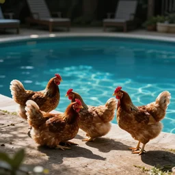 the chickens are sunbathing by the pool, photograph
