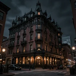 haunted gothic hotel, 1920s boston overlooking a dark street, lovecraft, paul carrick, photorealistic, dark,  atmospheric lighting, intricate, ultra detailed by Paul Carrick, Lee Gibbons, well composed, best on artstation, cgsociety, epic, stunning, gorgeous, intricate detail, wow, masterpiece