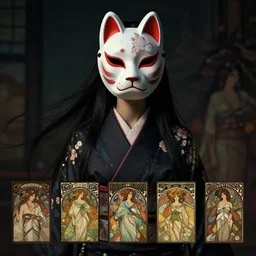 a photorealistic dramatic fantasy render of a beautiful woman wearing a beautiful intricately detailed japanese crow kitsune mask and clasical japanese kimono by wlop, artgerm, greg rutkowski, alphonse mucha, beautiful dynamic dramatic dark moody lighting, shadows, cinematic atmosphere, artstation, concept design art, octane render, 8 k the seeds for each individual image are : [ 9 0 2 4 0 9 7 9 7, 5 8 9 3 0 3 0 4 4, 2 8 8 5 1 1 6 2 1, 3 5 9 8 0 2 1 5 6 6 ]