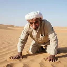 one uncle crawling on his knees with a big nose, in desert