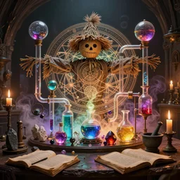 fantasy Alchemist laboratory, scarecrows head on a table surrounded by interconnected glass pipes, overlaid with sacred geometry, spheres, bottles, and tubes filled with bubbling fluids and potions, harry potter, mystical, magical witchcraft, crystals, gemstones, runestones, mortar and pestle, old manuscripts and scrolls, brightly coloured smoke, eerie luminosity, dark and dusty, candle light, ray-traced, volumetric light, octane render, 4k, ultraHD