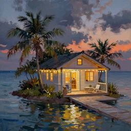 a very very small island! with a paved patio, cute cozy large cottage!! with chairs and string lights!!!, palm trees, dark very late evening cloudy sunset, dramatic and dynamic lighting, thick brush strokes oil impasto painting
