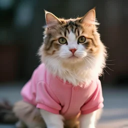 fluffy calico cat with a pink shirt on, cinematic look, god lighting, 4 k majestic looking