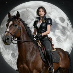 A hyper real comic book style portait painting of Annita riding a horse on the moon, unreal 5, hyperrealistic, octane render, cosplay, RPG portrait, dynamic lighting
