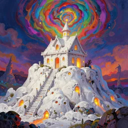 white lava, house in the rock, colorful dream, glowing lights, epic fantasy, colorfully, detailed illustration, digital art, highly saturated colors, overdetailed art, concept art, detailed illustration, hd, 4 k, digital art, greg rutkowski, dan mumford, studio ghibli trending on artstation