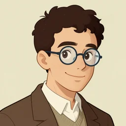 illustration of jewish young man with glasses, dark short curly hair smiling, in the style of john tenniel