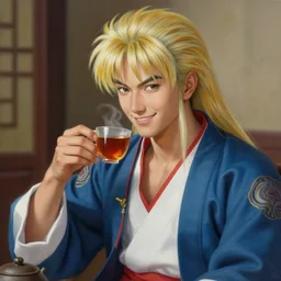 real life Uncle Iroh smiling, drinking tea, beautiful, very detailed, hyperrealistic, medium shot, very detailed painting by Glenn Fabry, by Joao Ruas